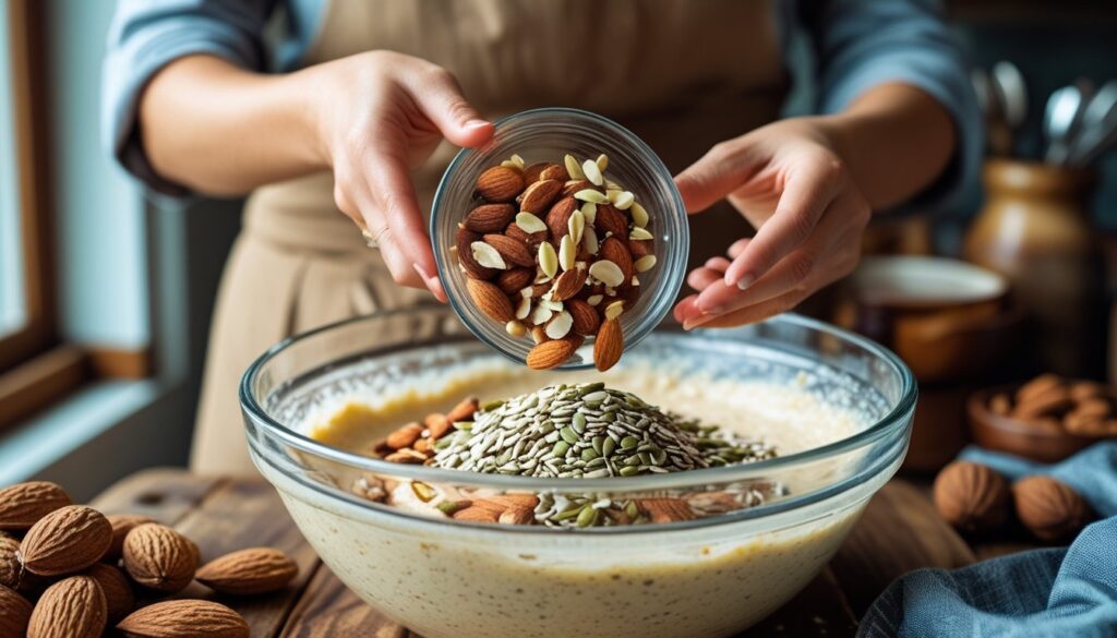 A person adding nuts and seeds to a bowl of protein muffin batter in a cozy kitchen.