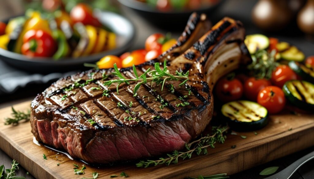 A beautifully grilled tomahawk steak resting on a wooden cutting board, garnished with fresh herbs.