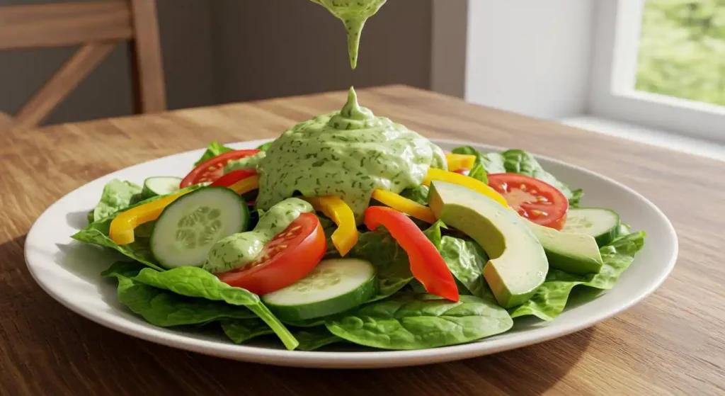 A beautifully plated green goddess salad with vibrant greens and colorful vegetables.