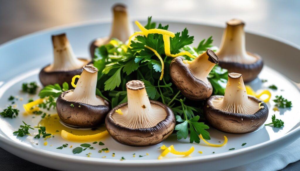 A beautifully plated dish of king trumpet mushrooms garnished with fresh herbs and lemon zest.