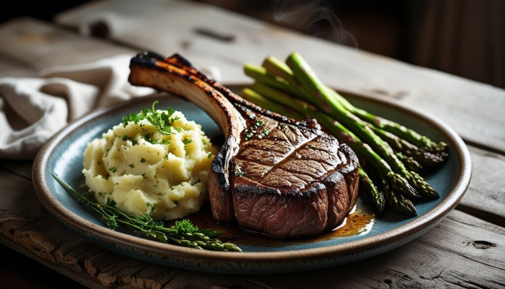 A beautifully plated tomahawk steak with sides of mashed potatoes and grilled asparagus.