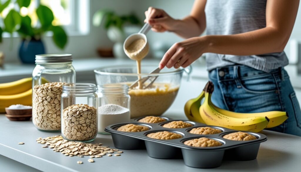 A kitchen countertop with ingredients for protein muffins, including oats, bananas, and protein powder, alongside a mixing bowl and muffin tin.