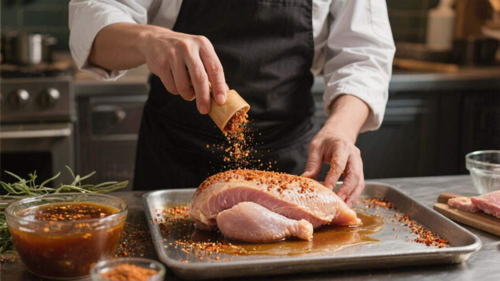 A chef preparing smoked chicken breast, applying seasoning and brining.