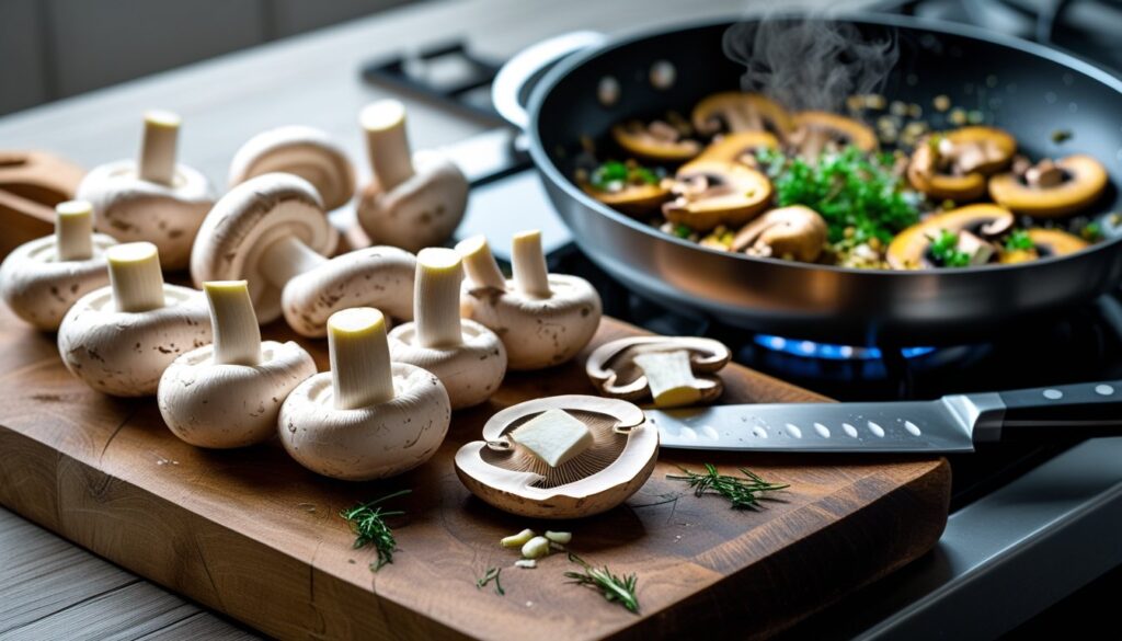 Pro tips for cooking king trumpet mushrooms with visuals of fresh ingredients and cooking techniques.
