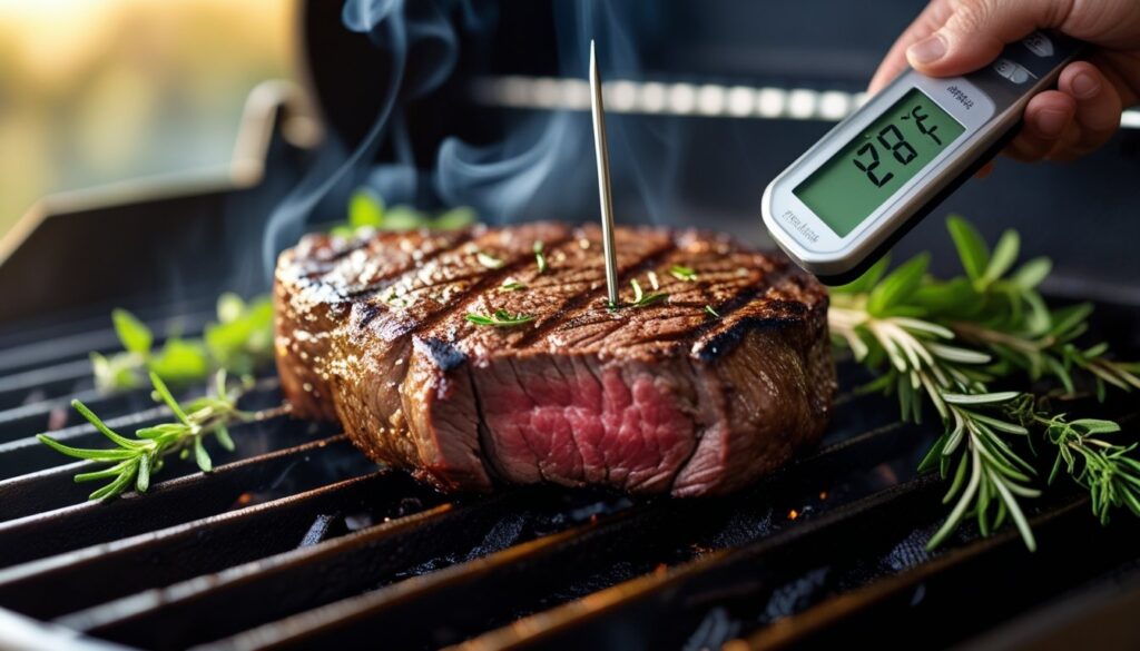 Chef's tips for cooking tomahawk steak with a meat thermometer and herbs.