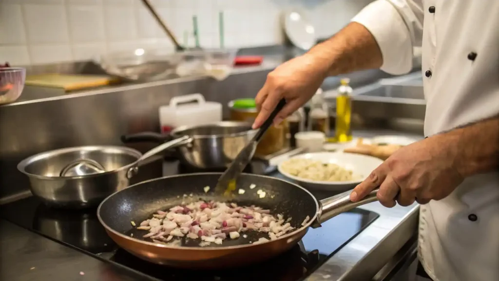 A chef cooking Bordelaise sauce in a professional kitchen.