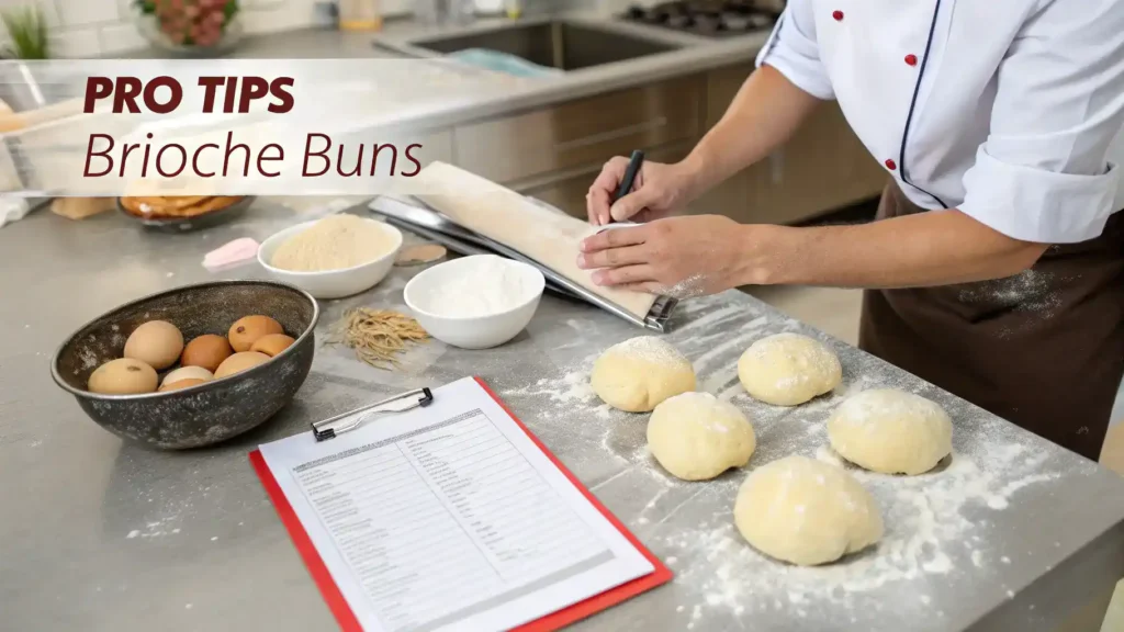 Pro tips for making brioche buns, including room temperature ingredients and egg wash.