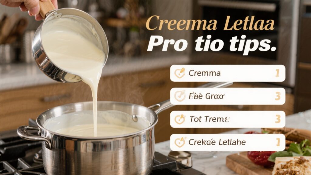 Pro tips for making crema de leche displayed in a kitchen.