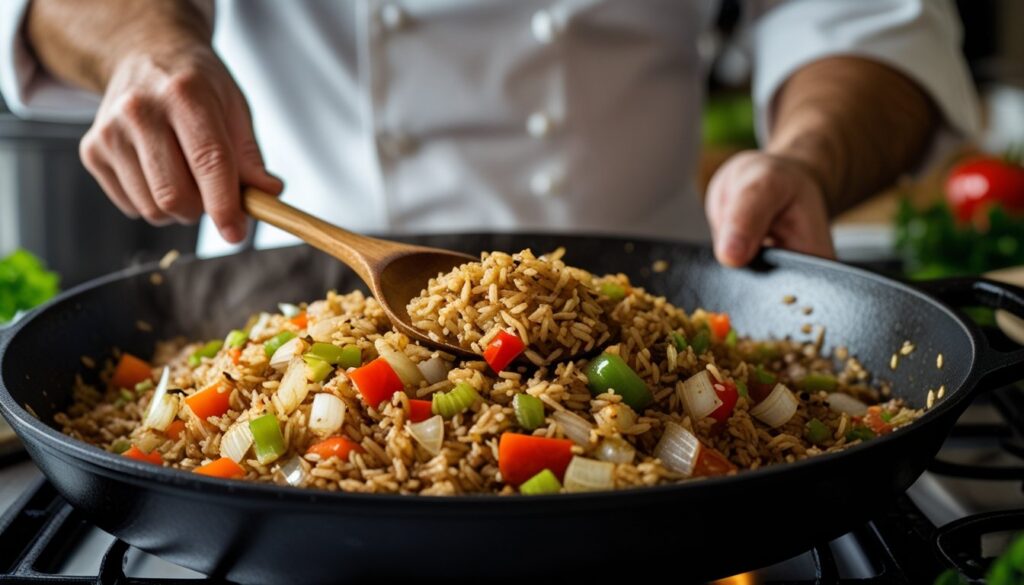 A chef preparing dirty rice in a skillet.