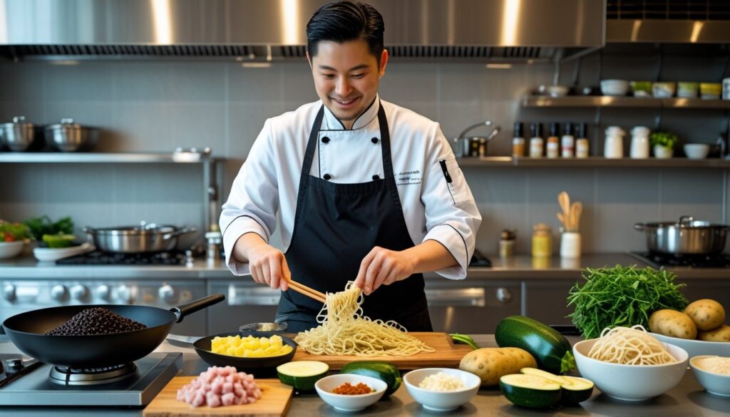 A chef demonstrating pro tips for making Jajangmyeon in a kitchen.