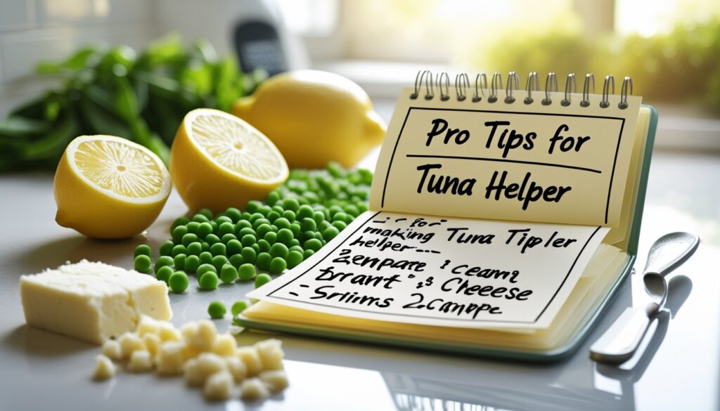 Pro tips for making Tuna Helper displayed on a notepad with ingredients.