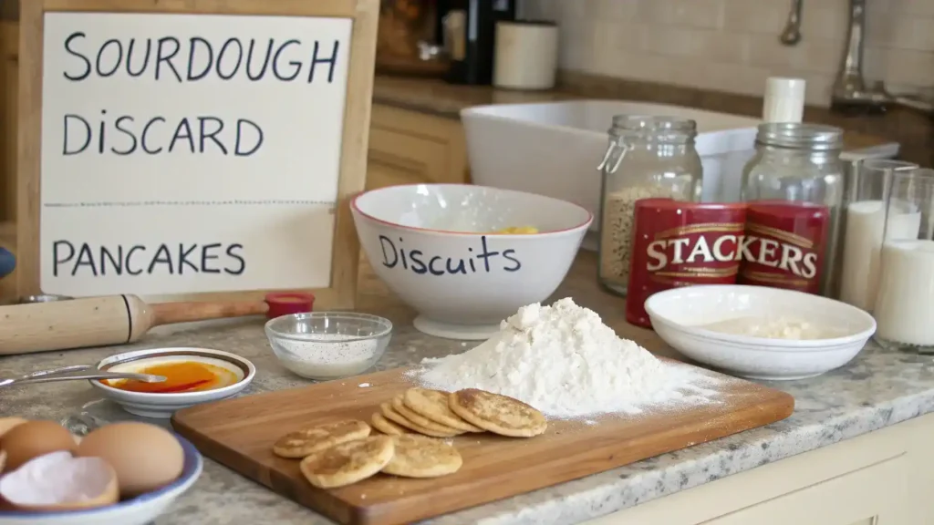 Pro tips for making recipes with sourdough discard displayed in a cozy kitchen setting.