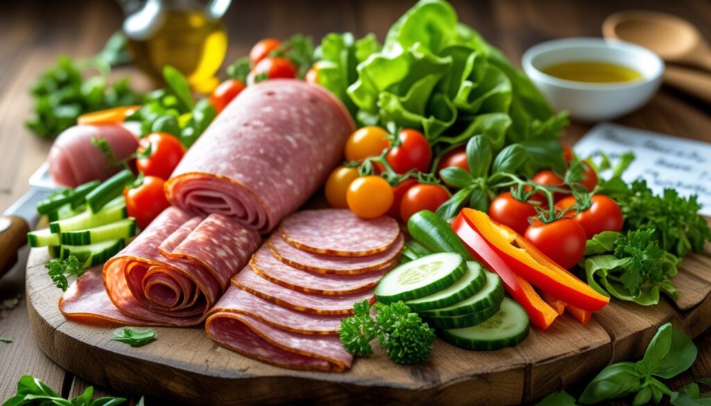 Healthy deli meats and fresh vegetables for a recipe.