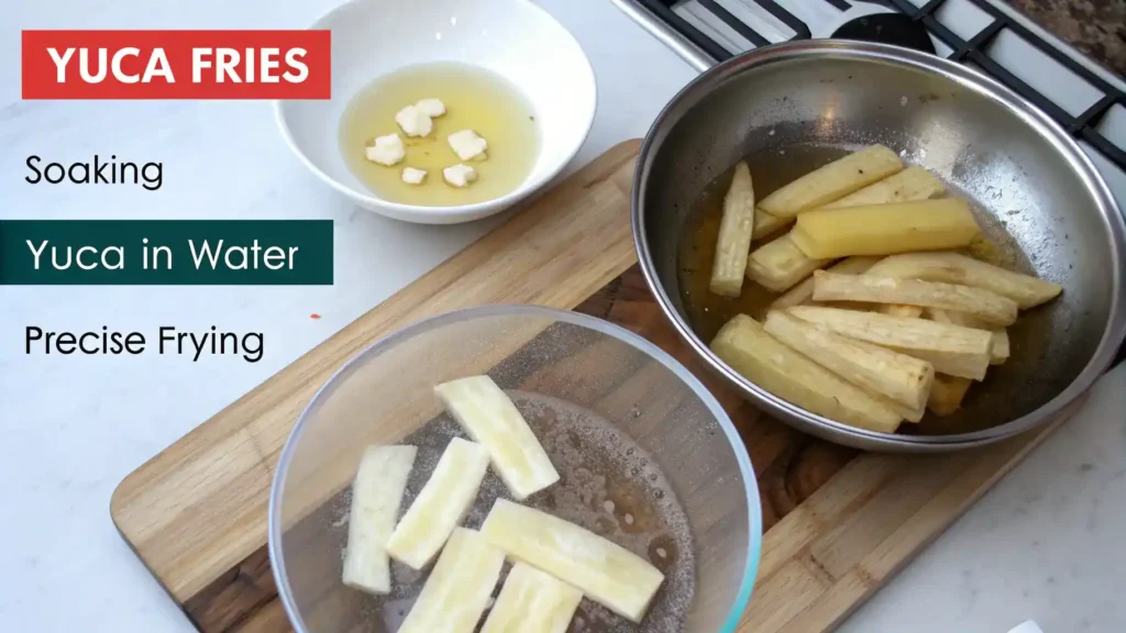 Pro tips for making the best yuca fries displayed on a chalkboard.