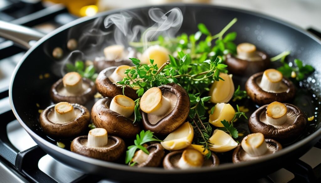 A skillet filled with golden-brown sautéed king trumpet mushrooms, garlic, and fresh herbs.