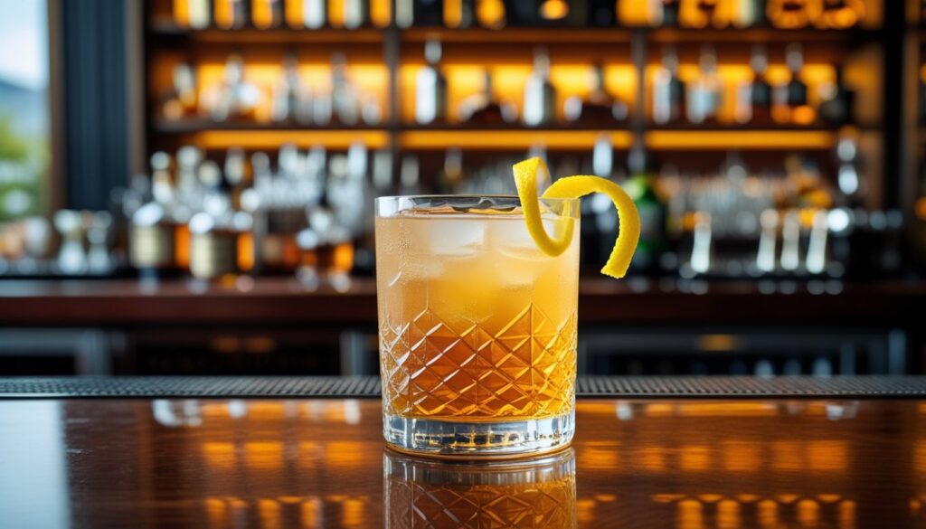 A beautifully presented Sazerac cocktail in a chilled glass, garnished with a lemon twist.