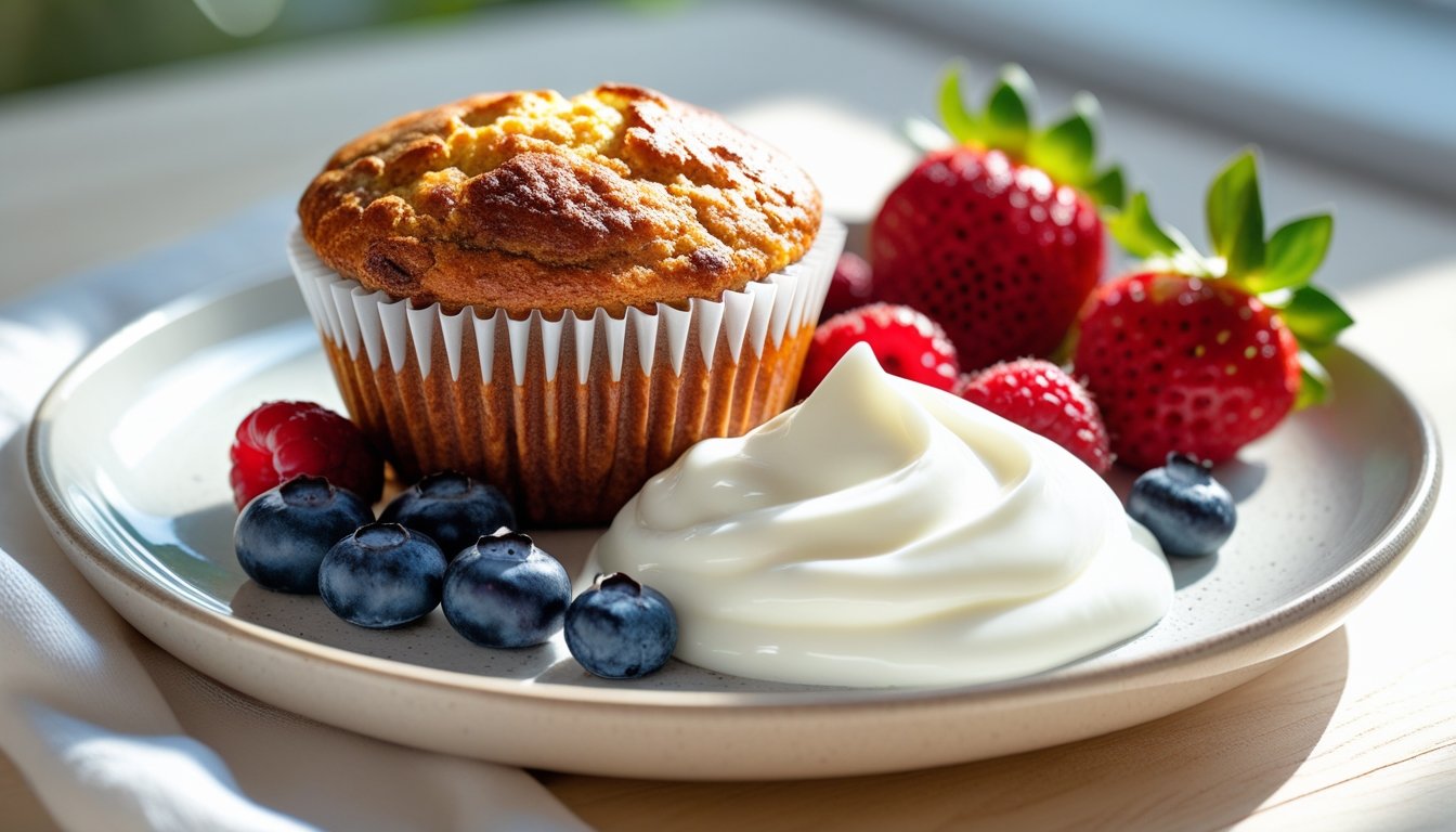 A plated protein muffin served with Greek yogurt and fresh berries, creating a colorful and inviting presentation.