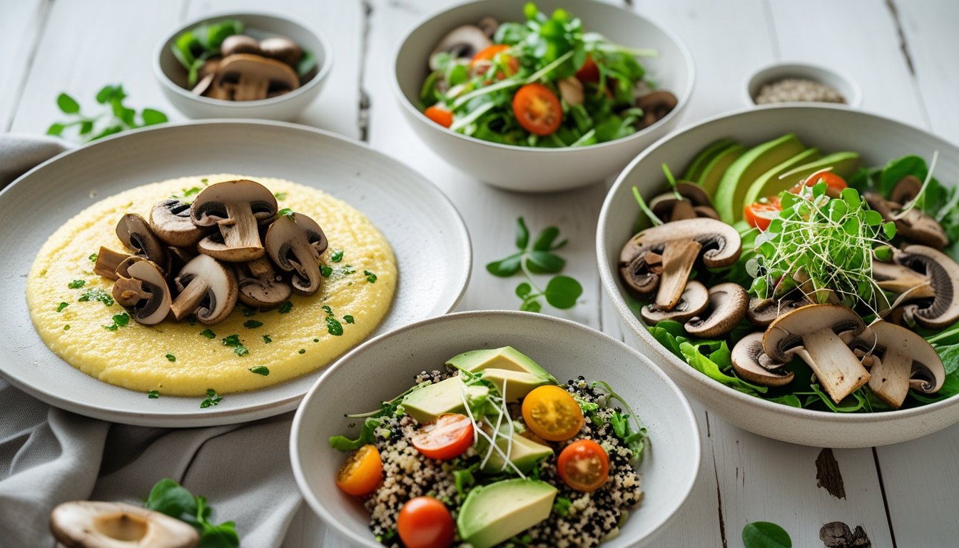 Various serving suggestions for king trumpet mushrooms including polenta and salads.