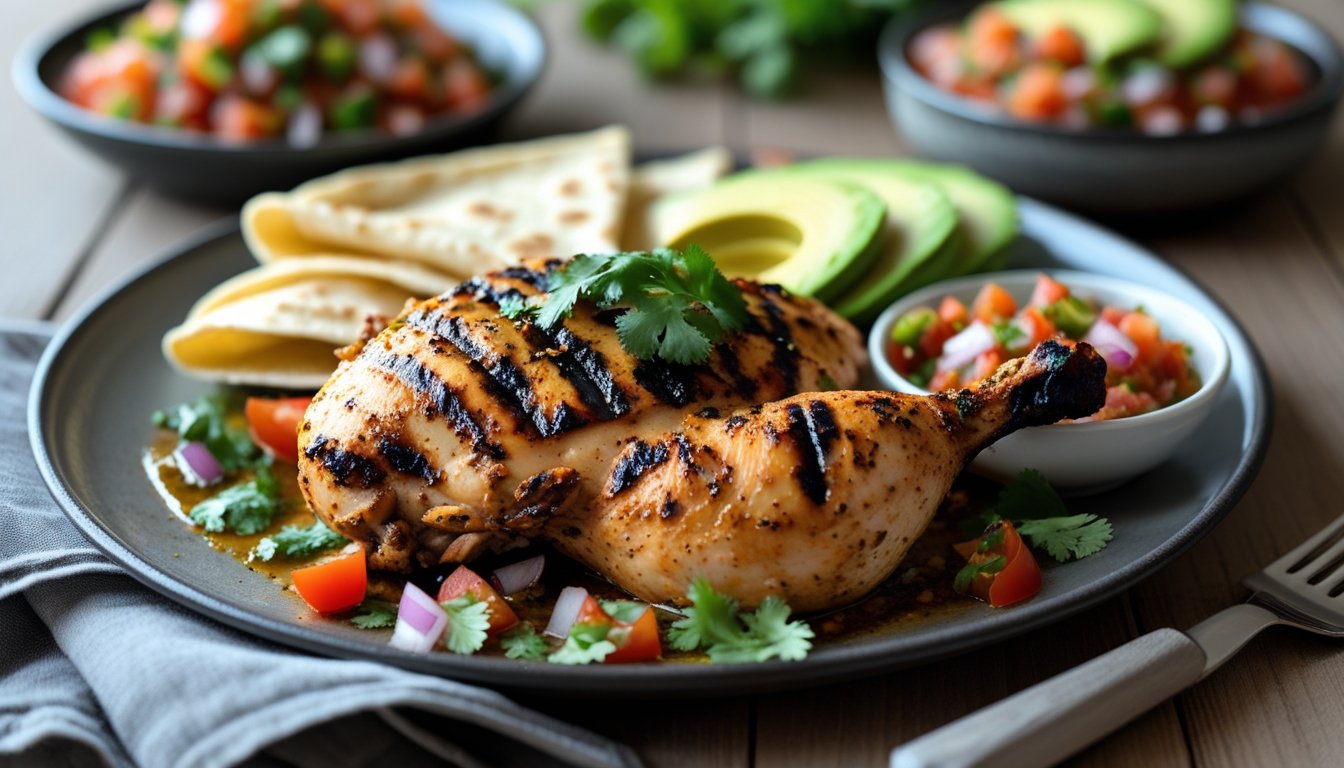 Pollo asado served with tortillas and salsa.