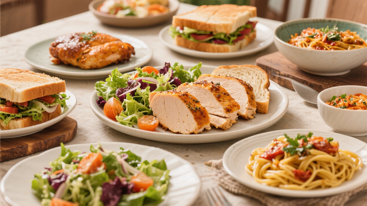 Different serving suggestions for smoked chicken breast including salads and sandwiches.