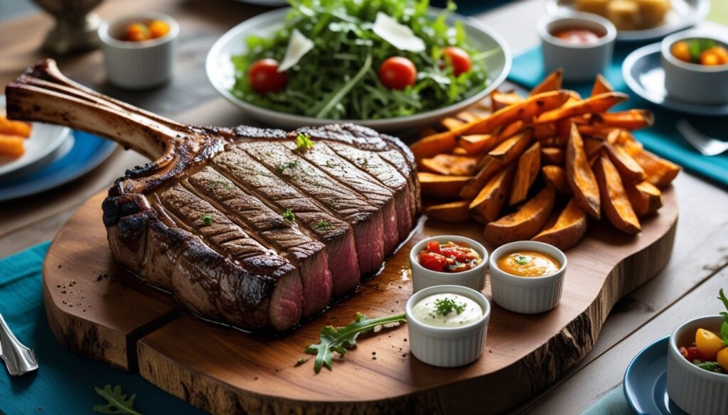 Tomahawk steak served with arugula salad, sweet potato fries, and dipping sauces.