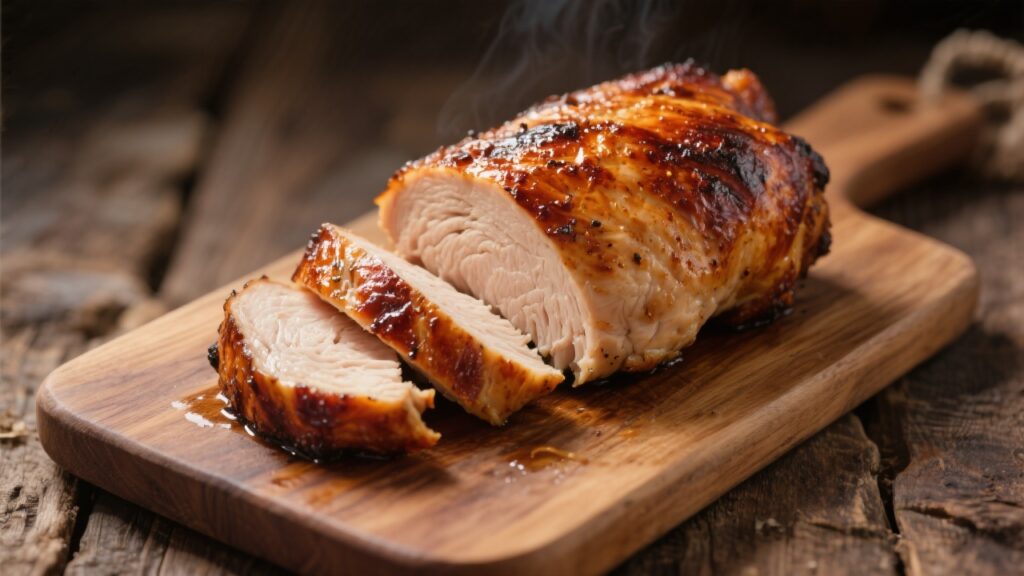 Sliced smoked chicken breast on a wooden cutting board, showcasing its juicy interior.