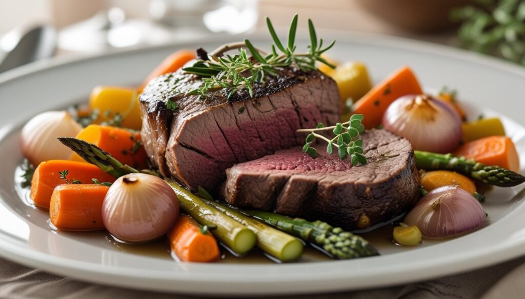 A gourmet venison dish plated with vegetables.