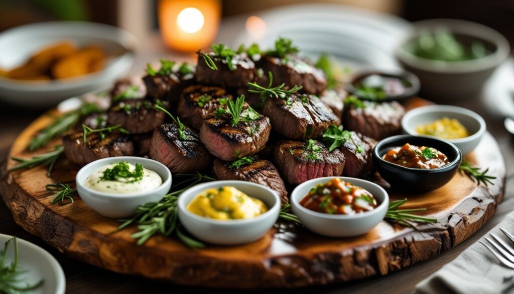 Delicious Steak Bites served on a platter with dipping sauces.