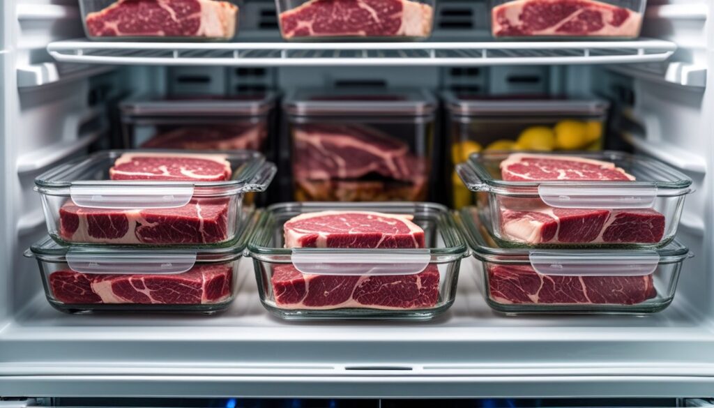 Proper storage methods for leftover tomahawk steak in airtight containers.