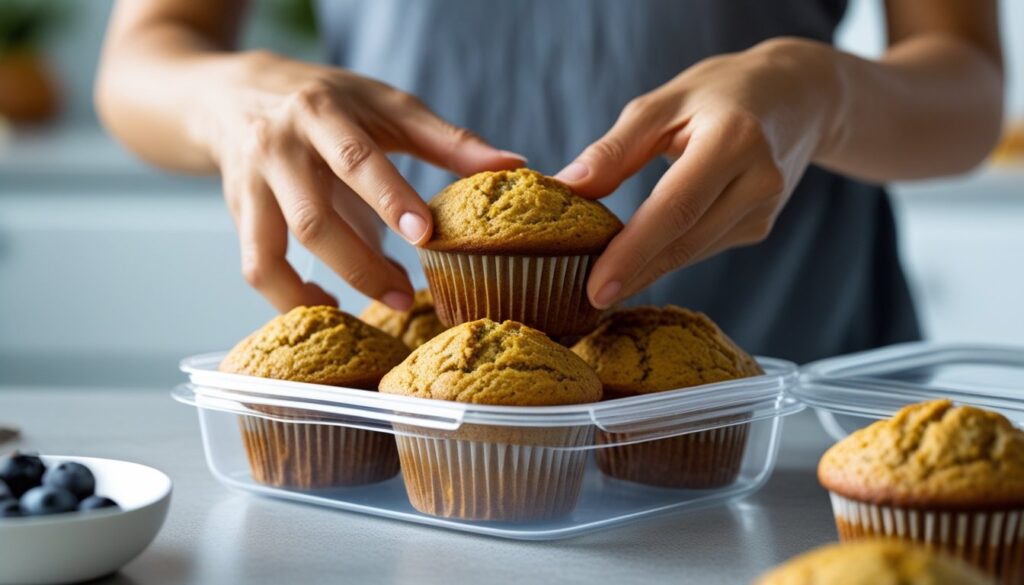 A person storing protein muffins in an airtight container in a kitchen.