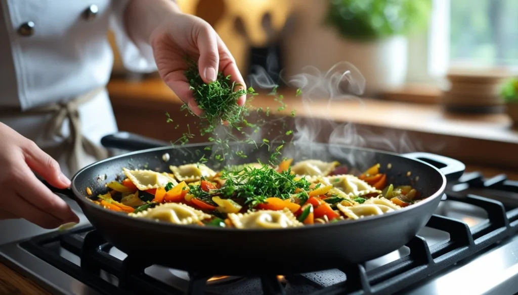 Chef adding fresh herbs to Hello Fresh Ravioli in a skillet.