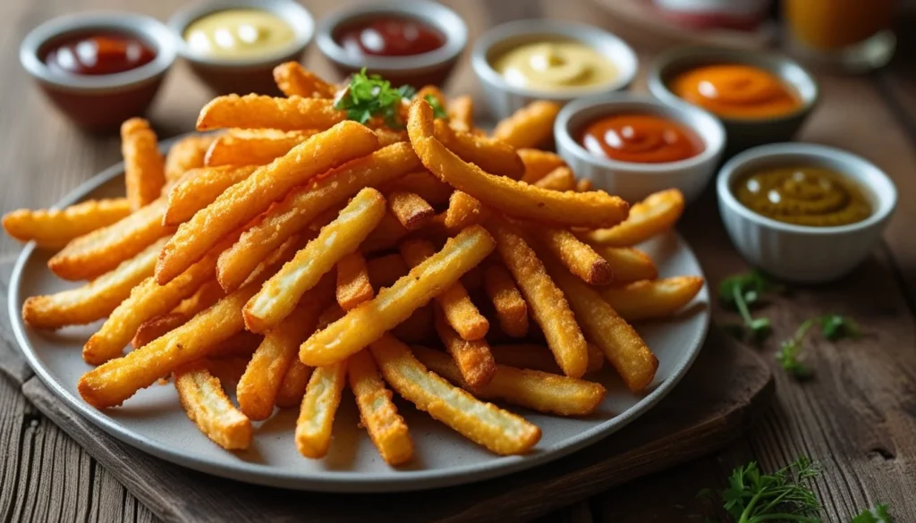 A plate of crispy battered fries served with dipping sauces.