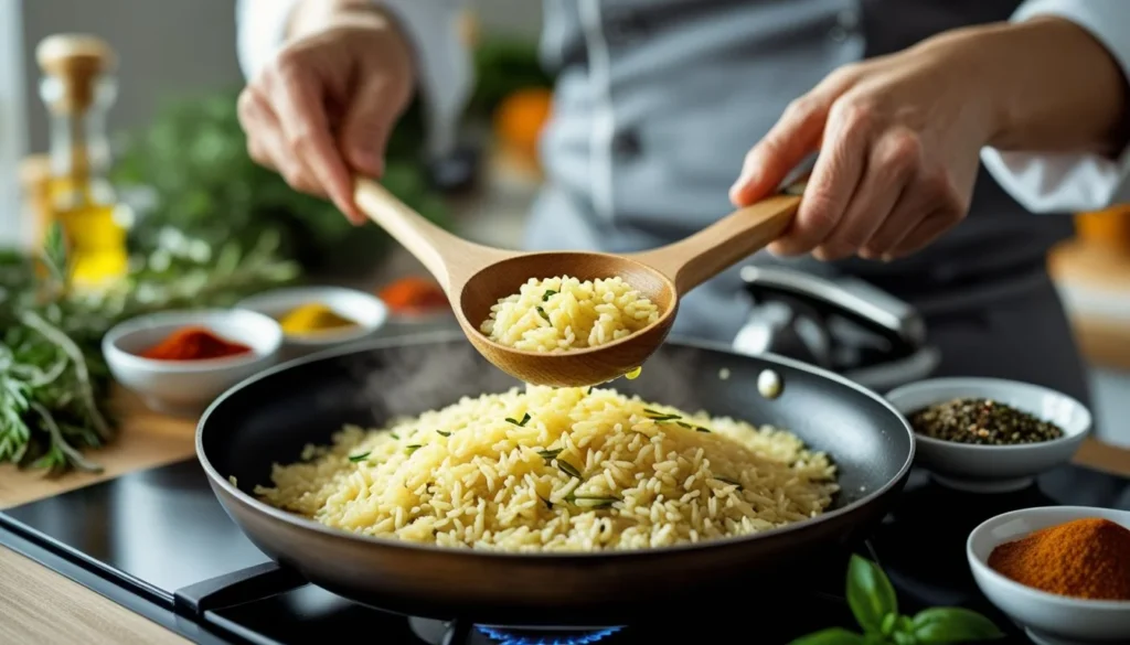 A chef toasting Mediterranean rice in a pan, with fresh herbs and spices around.
