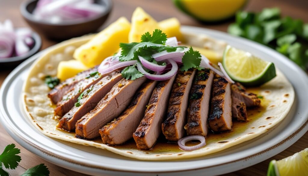 Delicious al pastor served with tortillas and garnishes.