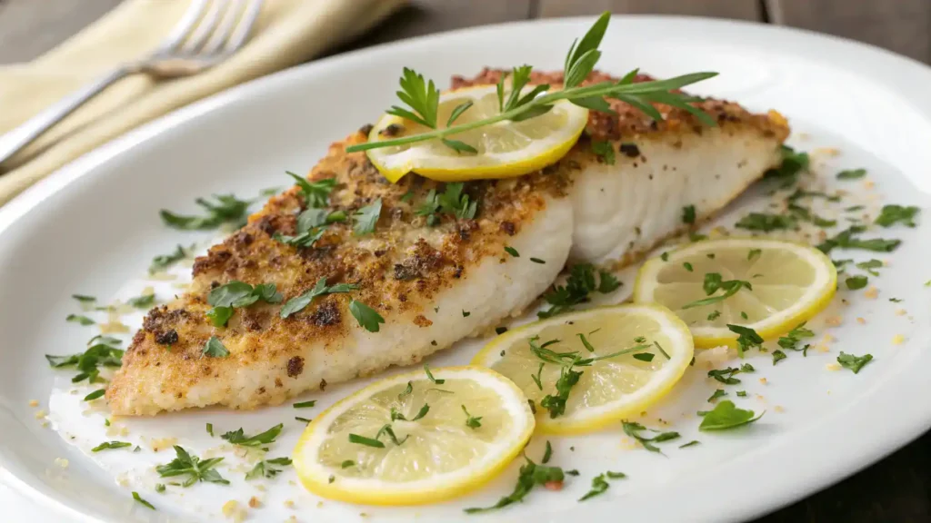 A beautifully plated catfish dish garnished with lemon and fresh herbs.