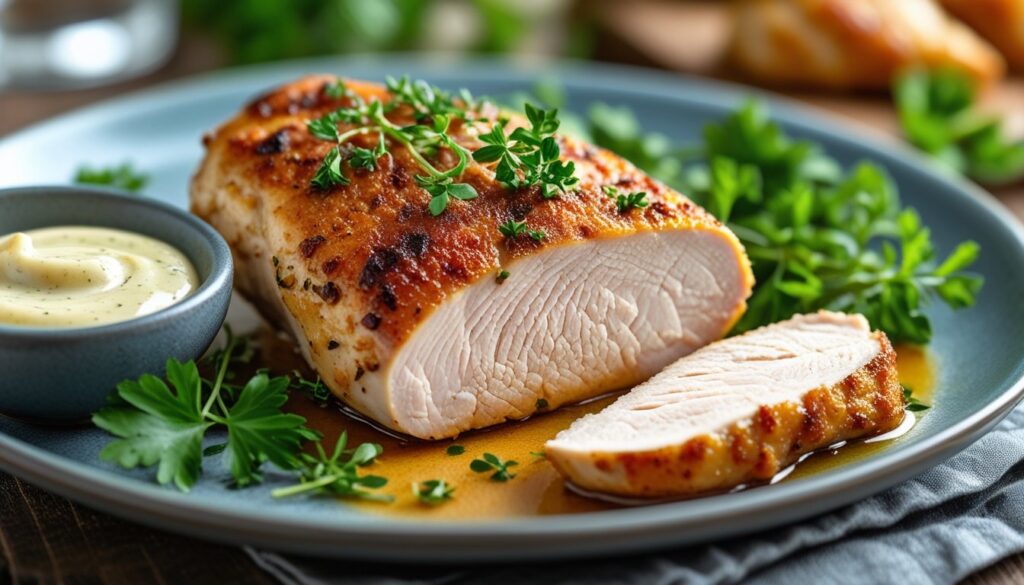 Plated chicken tenderloin with dipping sauce and fresh herbs.