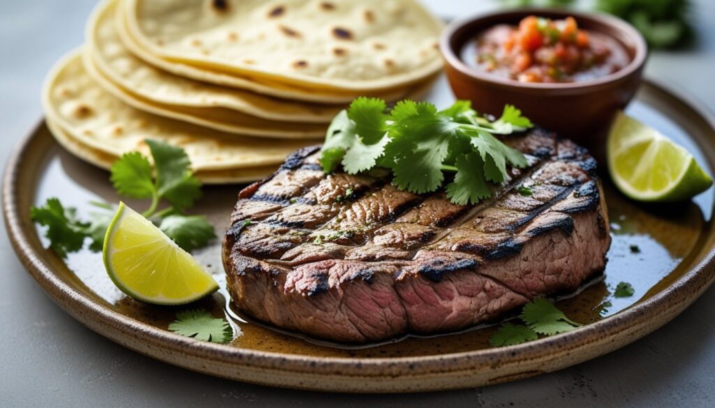 Grilled carne asada steak served with tortillas and salsa.