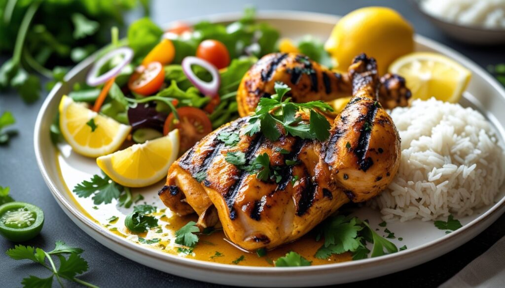 Grilled peri peri chicken served with salad and rice.