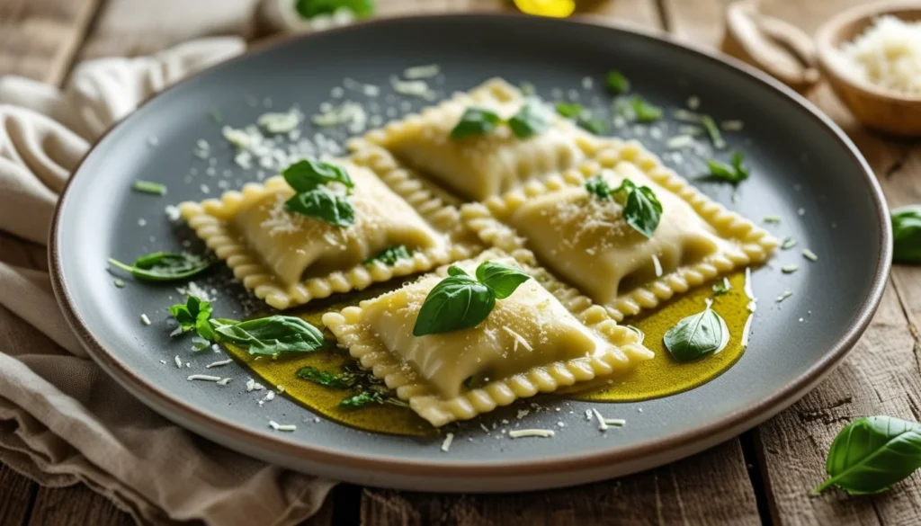 A delicious plate of Hello Fresh Ravioli topped with herbs and cheese.