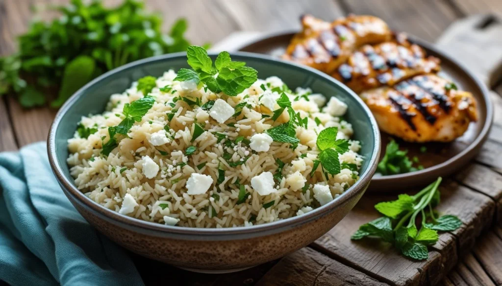 A bowl of Mediterranean rice topped with fresh herbs and feta cheese, served with grilled chicken.