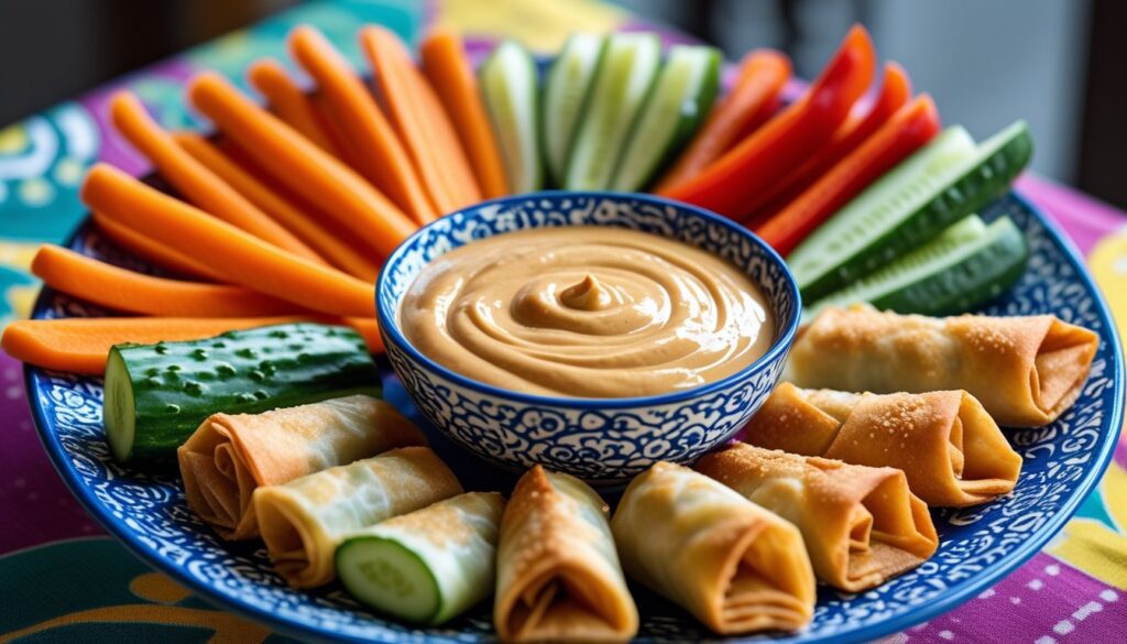 A bowl of peanut sauce served with fresh vegetables and spring rolls.