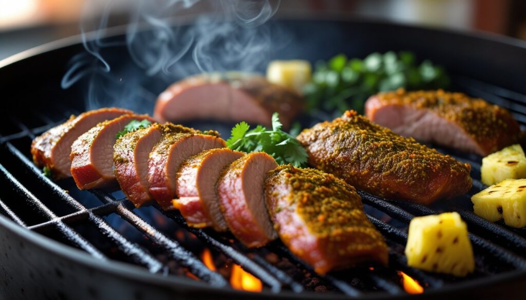 Marinated chicken thighs grilling for al pastor recipe.