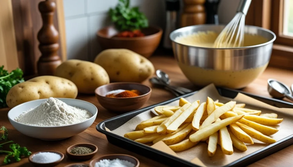 Step-by-step process of making battered fries with ingredients displayed.