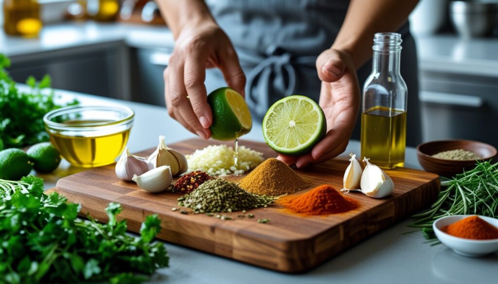 Ingredients and steps for making carne asada marinade displayed in a bright kitchen.