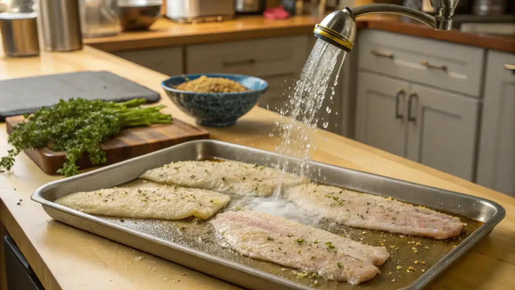 A step-by-step preparation of catfish fillets, showcasing rinsing, seasoning, and breading.
