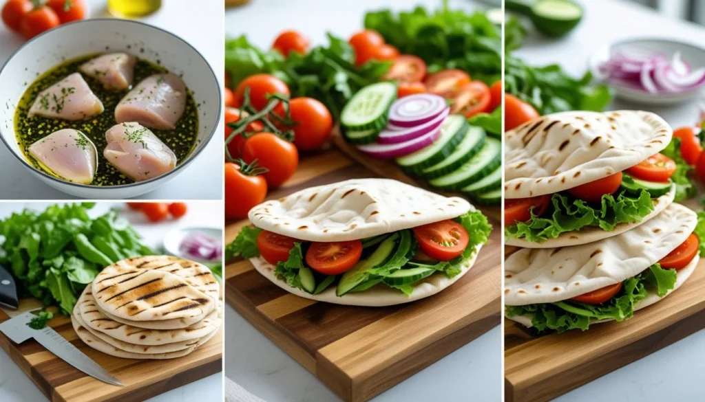 Step-by-step process of making chicken pita, including marinated chicken, fresh vegetables, and warm pita bread.