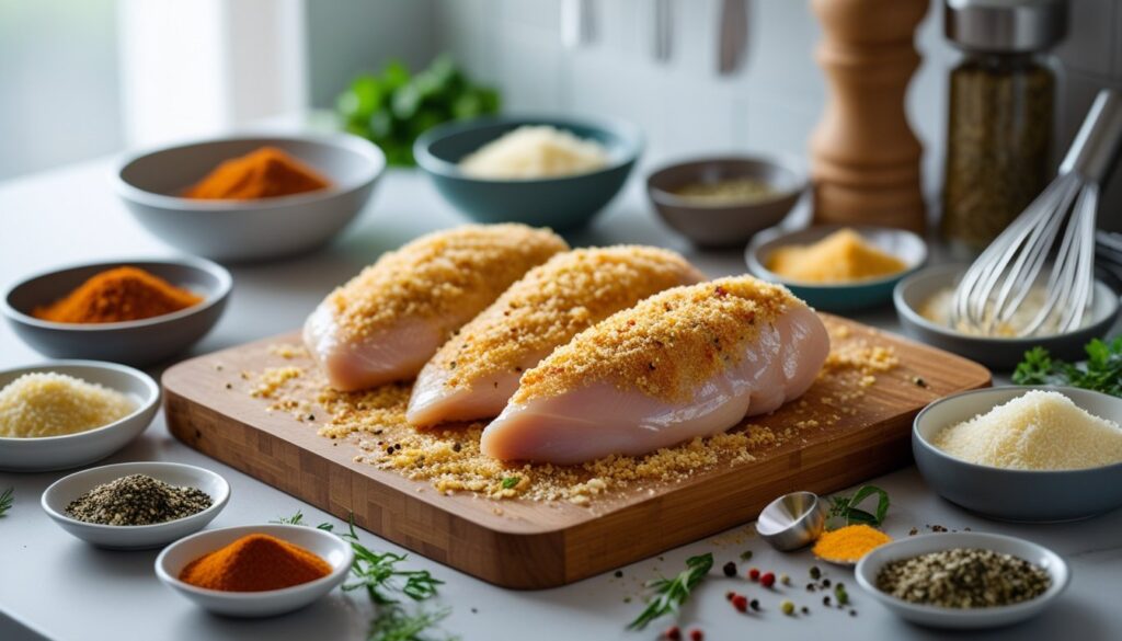 Ingredients and preparation steps for making chicken tenderloin, including breadcrumbs, chicken, and spices.