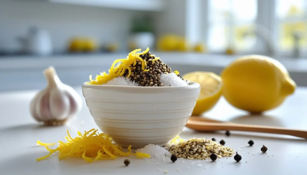 Ingredients for homemade lemon pepper seasoning including lemon zest, black pepper, sea salt, and garlic powder.