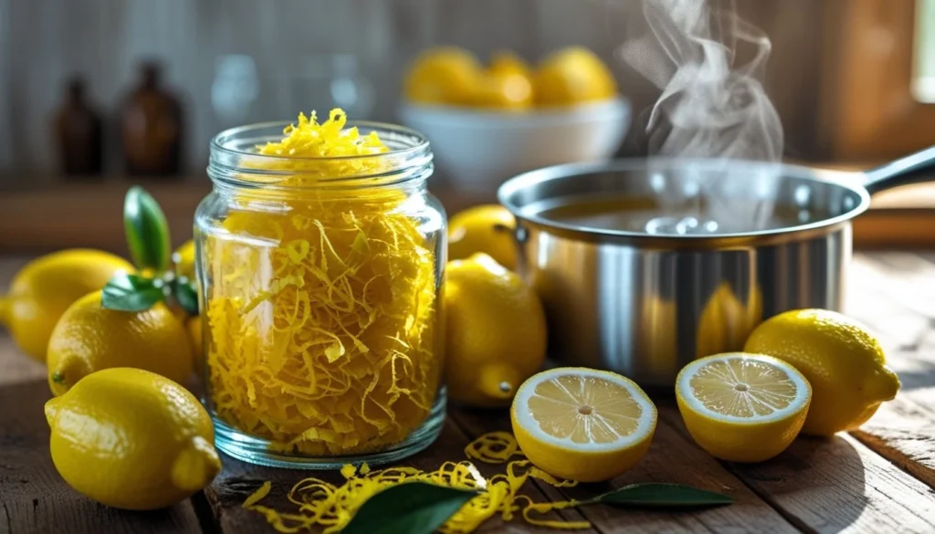 Step-by-step process of making limoncello with lemons and ingredients.