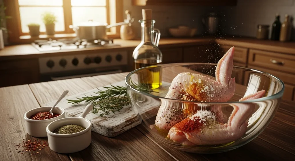A step-by-step guide to making naked wings with ingredients laid out on a kitchen counter.